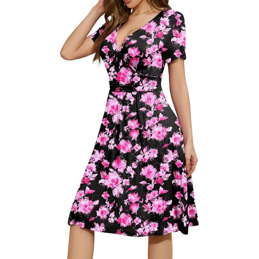 Women Black Pink Short Sleeve V-Neck Floral Stretchy Party Dress with Pockets - Picture 3 of 5